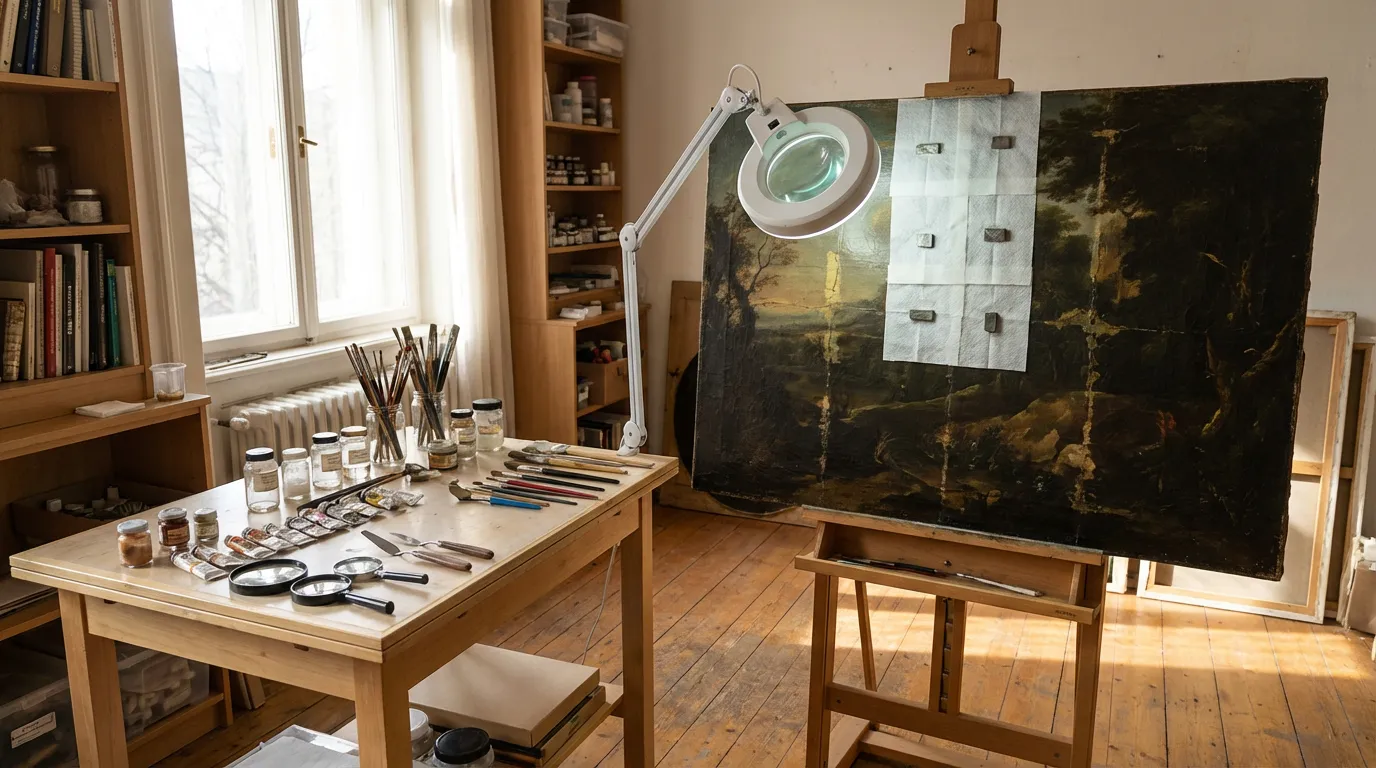 Art conservator restoring a heritage work — the Golsaz approach to preservation